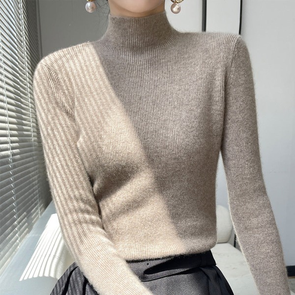 Kvinder Strik Efterår Vinter Sweater Halv rullekrave Cashmere Løs cardigan bundskjorte Elegant camel XL