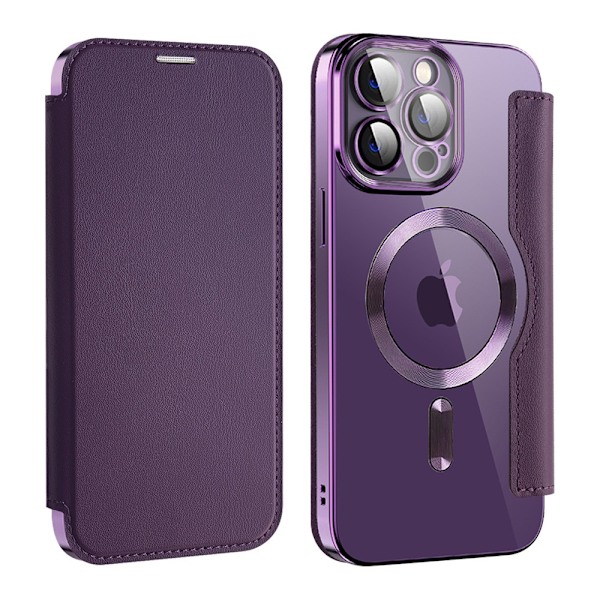Kotelo iPhone 14 Promax 6.7:lle, violetti, langaton lataus, lompakko, magneettinen korttipaikka, nahkaa