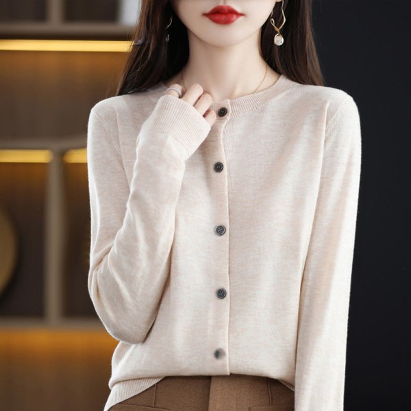 Damestrik efterår vinter sweater rund hals sweater ensfarvet cardigan ydre frakke top White M