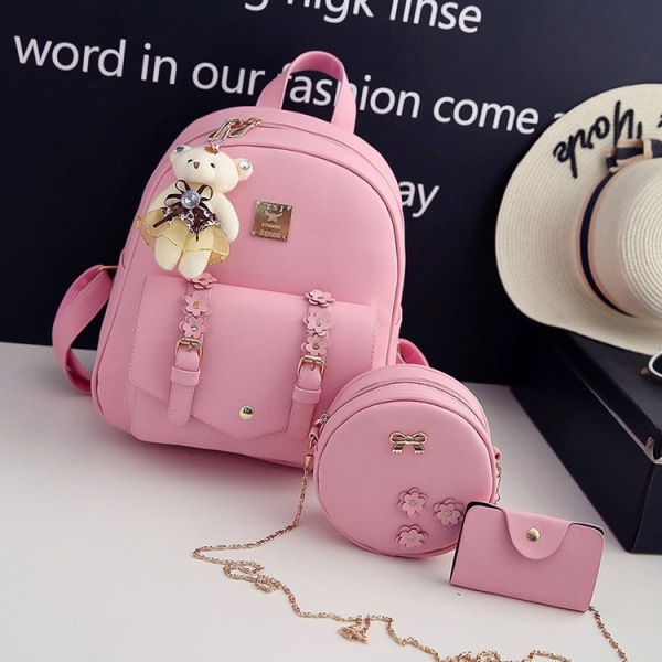 Student jente ryggsekk skulderveske skolesekk Flower Belte Pu Tredelt flerbruks student Casual All-Matching Bag Pink