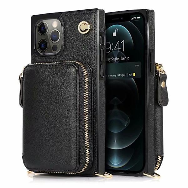 Etui til iPhone 13 Mini sort crossbody stor lynlås kortholder slot pung læder lanyard