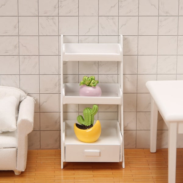 Miniatyrmøbler Leketøy Dukker Hus DIY dekorasjonstilbehør Mini 1:12 blomsterstativ Trelags skuffestativ White