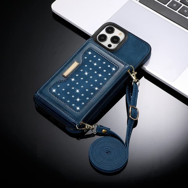 Fodral för iPhone 14plusblå tri fold lanyard väska stöldskydd borste plånbok läder