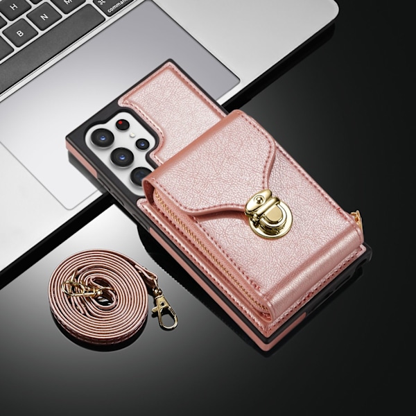Etui til iPhone 14 Rosaguld Side Sticker Lanyard Lynlås Kort Indsats Multifunktionel Crossbody