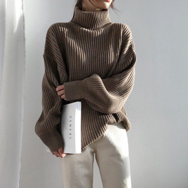 Kvinder Strik Efterår Vinter Sweater Ensfarvet Høj krave Løs Chic Bottoming Shirt Top Beige 61*106*47cm