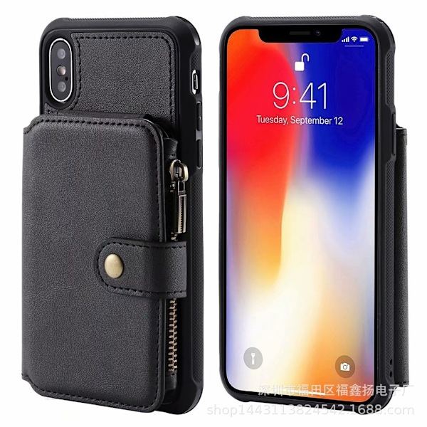 Etui til iPhone 13 Mini sort multifunktionel kortholder lynlås anti-fald pung