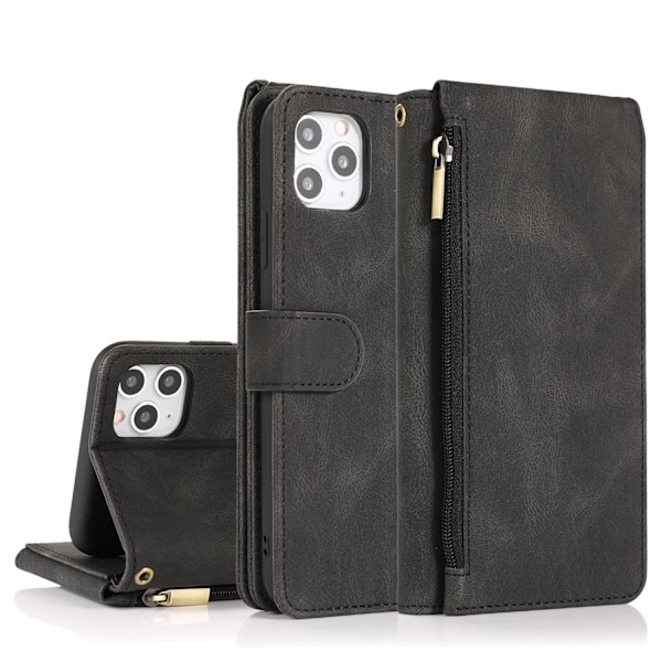 Etui til iPhone 13 mini sort læder med lynlås, multifunktionel kortholder pung