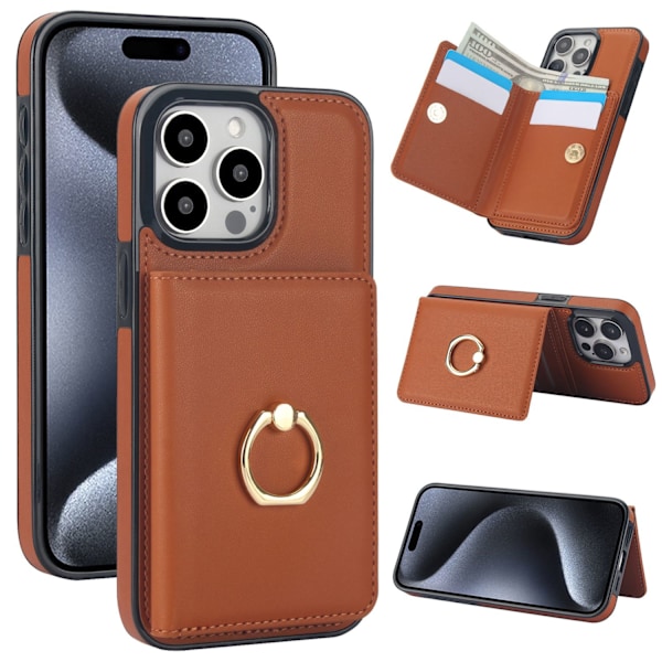Kotelo iPhone 16PRO:lle, ruskea korttipaikka, rengaslompakko, ve-nahka