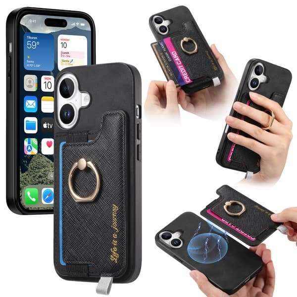 Etui til iPhone 16 Pro Max sort magnetisk kortholder almindeligt læder