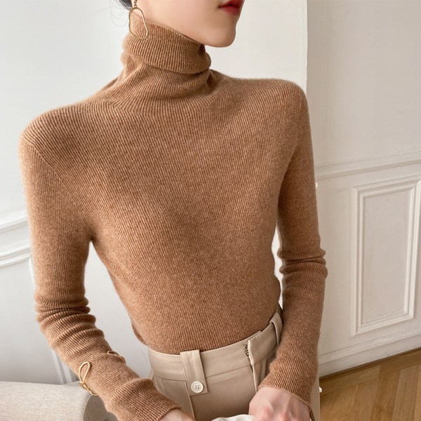 Naisten Neuleet Syksy Talvi Neule Turtleneck Slim Fit Inner Wear Pusero Nukka kaulus Pohja Caramel color XXL