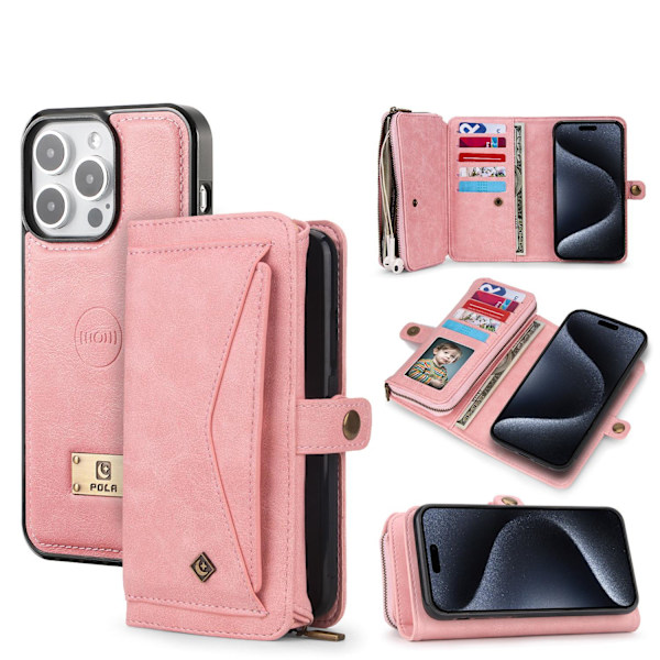 Fodral för iPhone15PRO rosa multifunktionell tri-fold plånbok universellt läder bil magnetisk sug