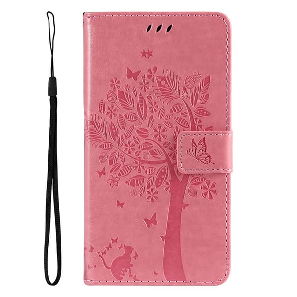 Etui til iPhone 15 Pro Max rosa preget katt og sommerfugl lær under treet