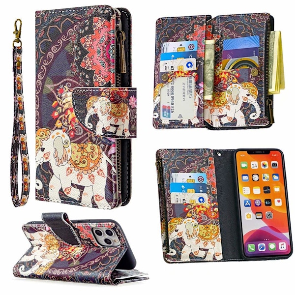 Etui til iPhone 13 Pro blomst elefant malet lynlåstaske multifunktionel pung læder kortholder