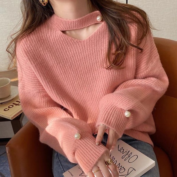 Kvinder Strik Efterår Vinter Sweater Perle Halterneck Langærmet Blød klæbende matchende top Pink M