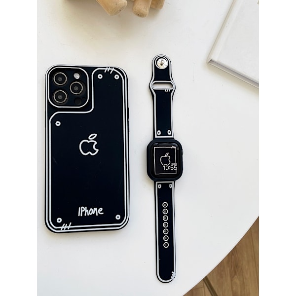Kellon ranneke Apple Watch iWatch 44mm 456SE sukupolvelle, musta ranneke + musta puolikotelo kova kuori
