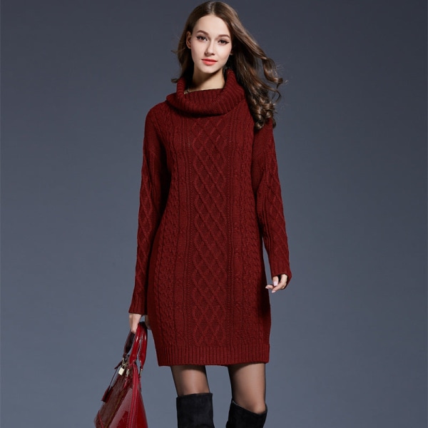 Kvinnor Stickad Wear Autumn Winter Sweater Plus Size Klänning Hög krage Lång Turtleneck Kvinna Wine Red XXL