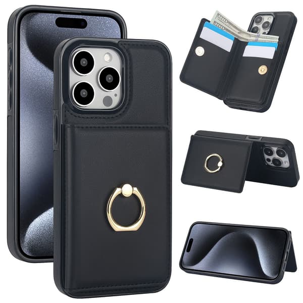 Fodral för iPhone15PRO svart kortplats ring plånbok ve läder