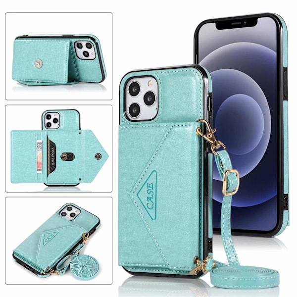 Fodral för iPhone 14 mintgrön triangel crossbody kortplats snodd kuvert läderplånbok