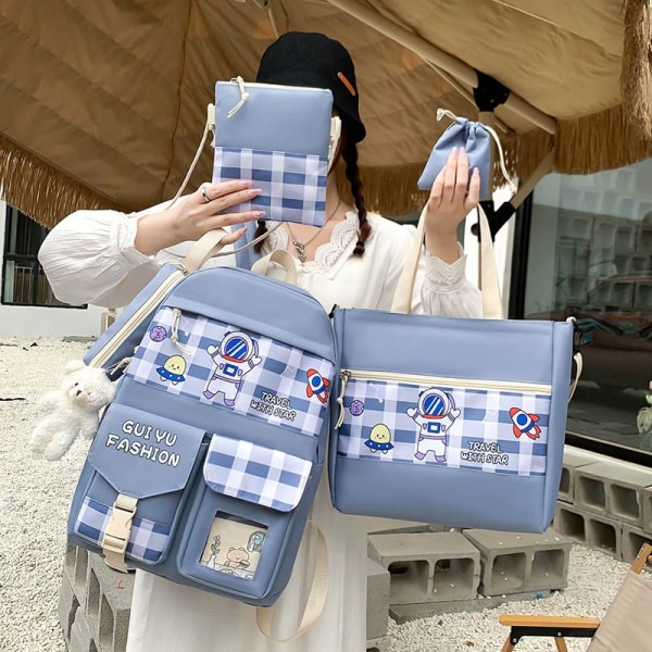 Kvinnor tjej ryggsäck axelväska skolväska Student Rutig koreansk Casual Canvas Middle School Stor kapacitet dator Green
