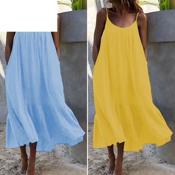Flæsede ensfarvede kjole Ærmeløs løs spaghettirem formel kjole Yellow 5XL