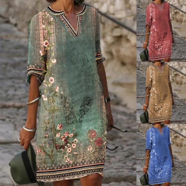 Etnisk print afslappet kjole med V-hals Blue 4XL