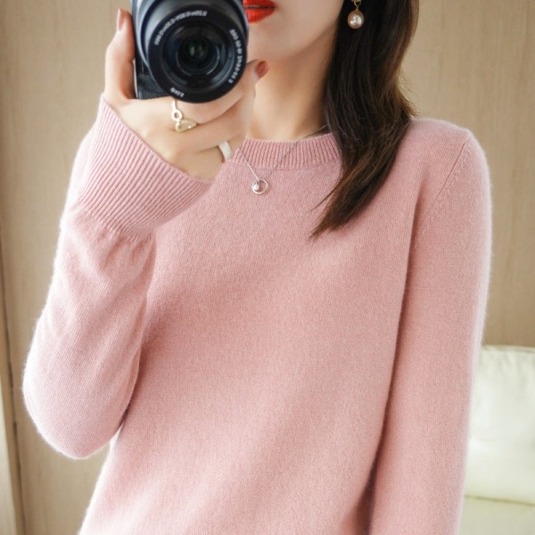Strikkevarer for kvinner Høst Vinter Genser Ensfarget genser med rund hals Langermet slankende bunn Rose Pink 85*56*56cm