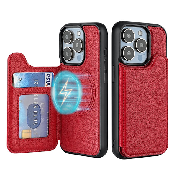 Etui til iPhone 13 Pro Max, rødt læder, magnetisk kortholder pung