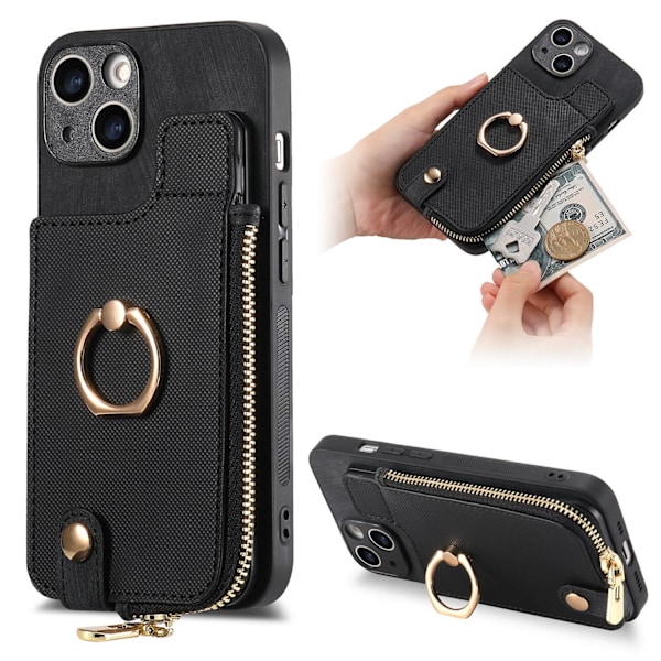 Etui til iPhone 13 sort solid kortholder ring