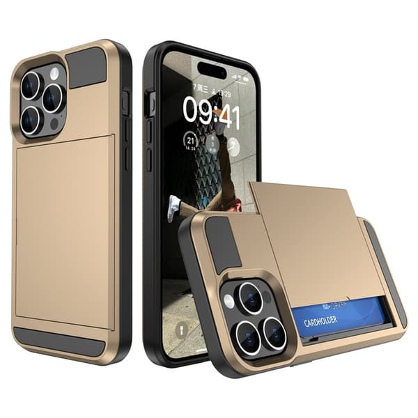 Fodral för iPhone 14 Pro Max med skjutbart kortfack, guld pansar