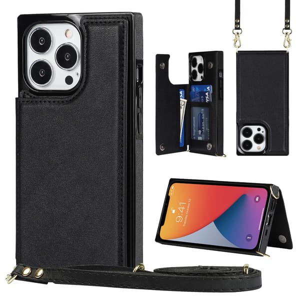 Etui til iPhone 14 Pro sort lynlås kortholder møntpung solid lige kant