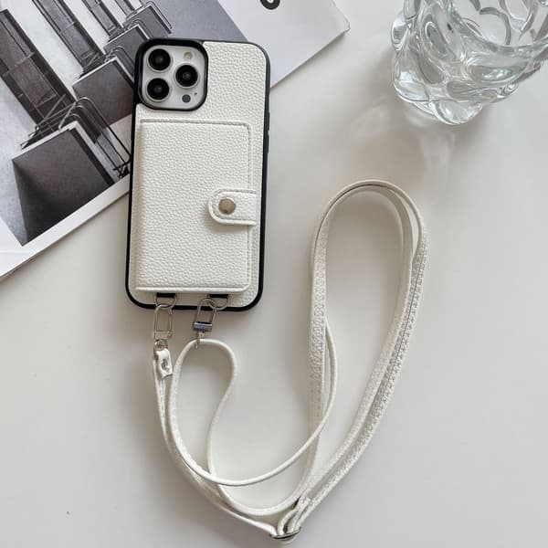 Fodral för iPhone 13pro max vit snodd crossbody solid korthållare vikbart japanskt läder