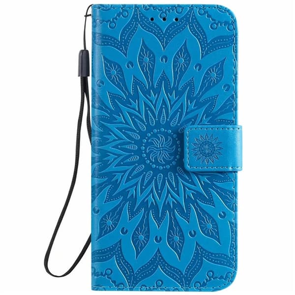 Fodral för iPhone 13mini blått läder solros präglat totem