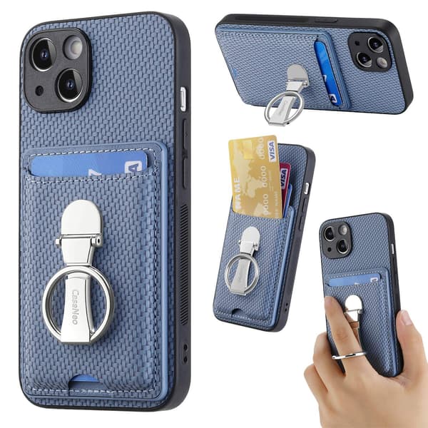 Etui til iPhone 13 Pro blått roterende ring spenne kortholder