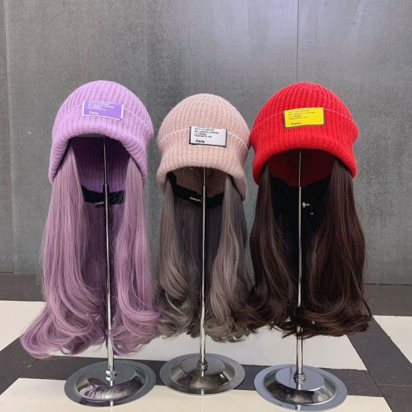 Varm vinterstrikkede lueluer Lilla koreansk stil All-Match usynlig avtakbar lue parykk unisex Pink-knitted hat wig M（56-58cm）