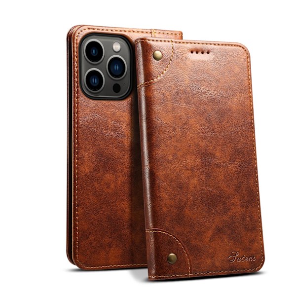 Etui til iPhone 13mini BLK Khaki læder kortholder flip magnetisk lukning