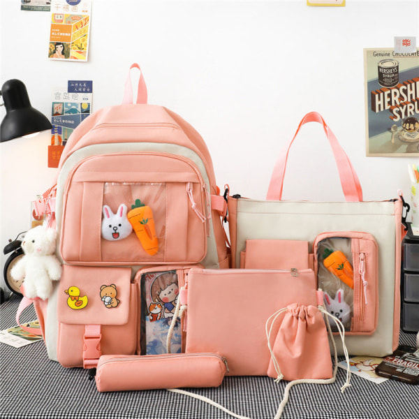 School Student Backpack College Bookbag Travel Bag Four-Piece Set Lightweight and Large Capacity Pink