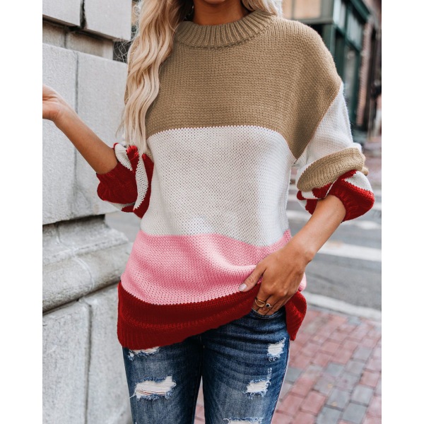 Kvinder Strik Efterår Vinter Sweater Mode Løs plus størrelse rund hals striber Black M