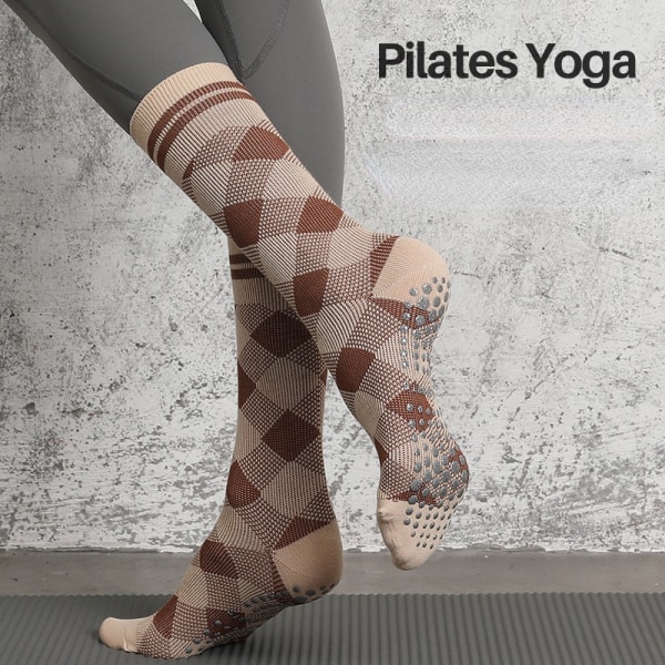 1 par bomuld, sort brun rombestribe mellemrør, silikone skridsikker yoga pilates sokker Black Average Size