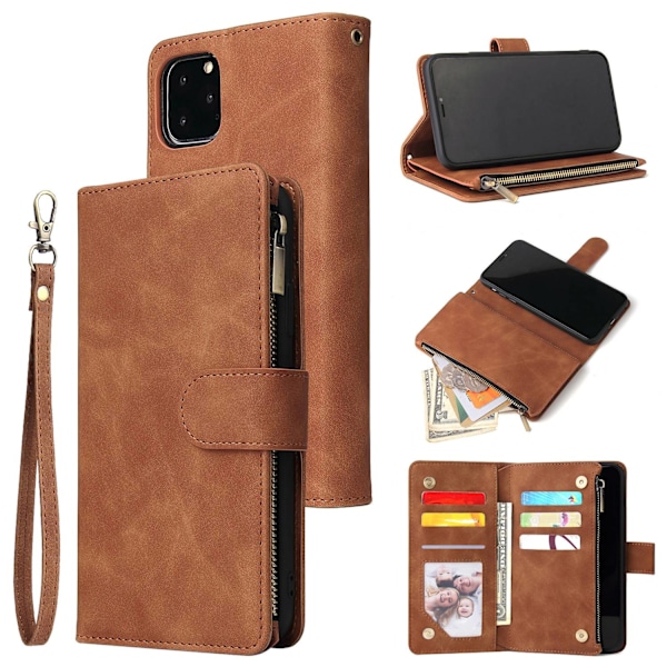 Etui til iPhone 13mini brun glidelås skinn stativ multi kortlommebok