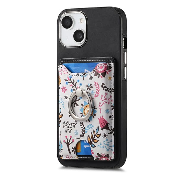 Etui til iPhone 14 Plus, sort plante print, malet læder, kortholder, ring