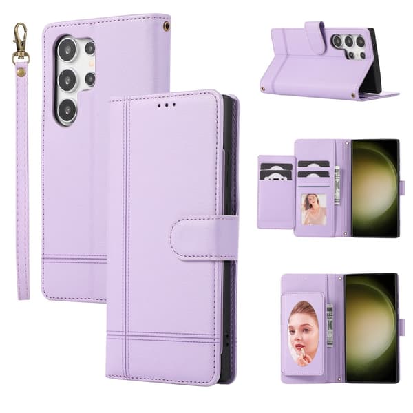 Etui til iPhone 13 6.1 lilla håndrem solid multi-kort mode pung multi funktion kort