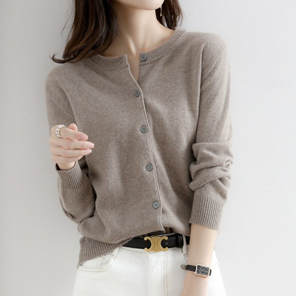 Kvinnor Stickat Höst Vinter Tröja Cardigan O-ringad Kort Ull Cardigan Coat Beige XL