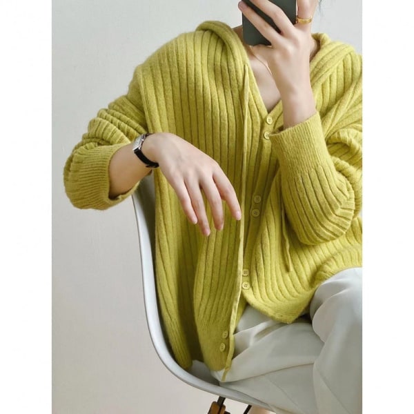 Kvinder Strik Efterår Vinter Sweater Lazy Wind Cardigan Hætte Cardigan Chic Toppe Overtøj Mustard green 56*47*104cm