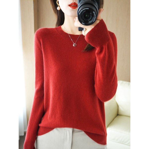 Damestrik efterår vinter sweater ensfarvet rund hals pullover langærmet slankende bund Rust red 105*60*60cm