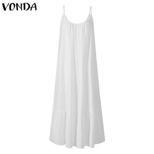 Flæsede ensfarvede kjole Ærmeløs løs spaghettirem formel kjole White XXXL