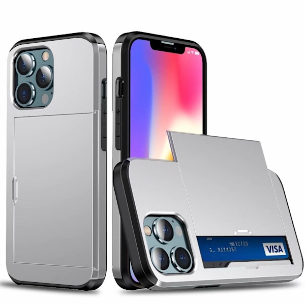 Kotelo iPhone 13 hopea liukuvalla korttipaikalla 2 in 1 pidike