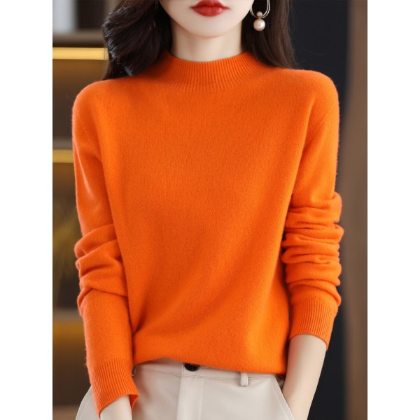 Damestrik efterår vinter sweater Uld sweater med almindelig kernegarn halv rullekrave Emma Orange M