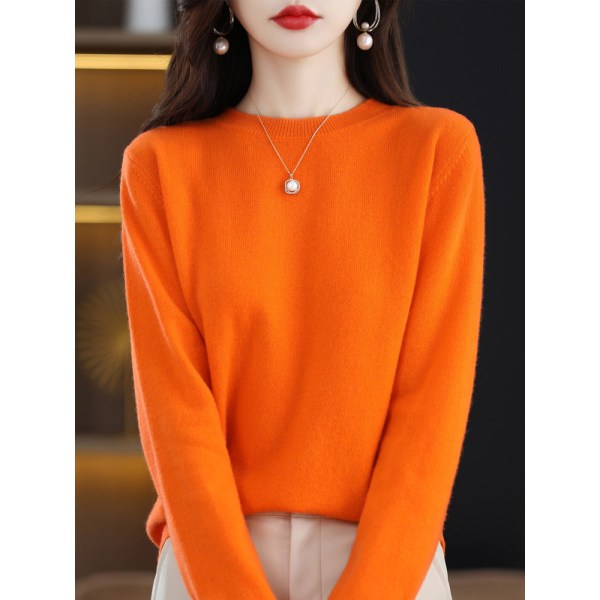 Damestrik efterår vinter sweater ensfarvet rund hals pullover langærmet slankende bund AIMA Orange 90*57*57cm
