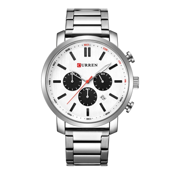 Herreure Steel Belt Quartz Watch Calendar Vandtæt Watch Gift White shell and white