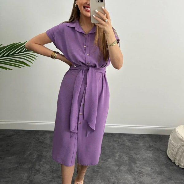 Klänning Midjetight slimmad snörning Elegant skjortklänning för kvinnor Purple 2XL